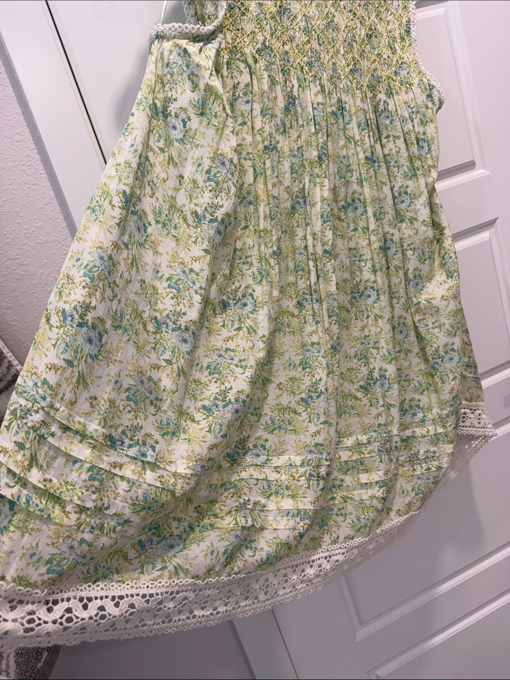 Free People Shea Green Floral Smocked Dress with Lace Trim - Picture 5 of 8